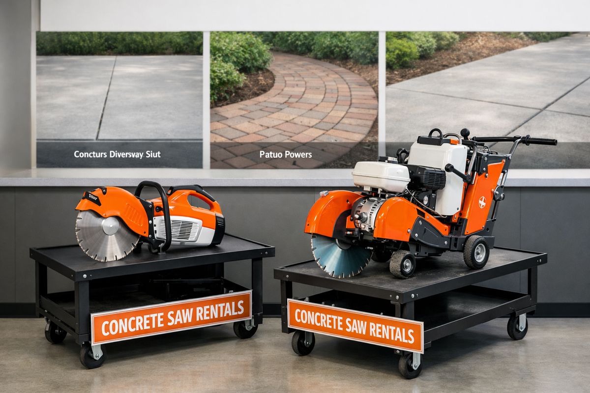 A concrete saw rental counter with two saws side by side: a handheld cut-off saw on one cart and a larger walk-behind concrete saw on another, with a driveway slab, patio pavers, and a sidewalk section in the background showing the kinds of cuts each tool is meant for.