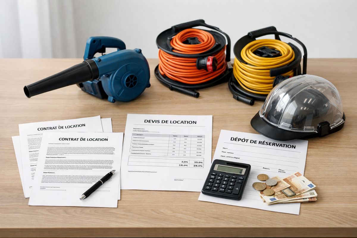 Une table avec plusieurs contrats imprimés, un devis de location, un dépôt de réservation noté sur un formulaire, et à côté un petit souffleur, des rallonges électriques enroulées et un casque de pluie posé sur la table, dans une scène qui évoque la comparaison d’un forfait de location avant la réservation.