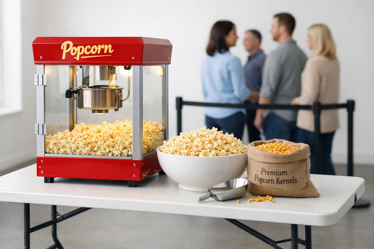 Une machine à popcorn de comptoir en métal rouge posée sur une table pliable dans une salle de fête, avec un bol rempli de popcorn à côté, un sac de grains de maïs, une petite pelle, et quelques invités au fond qui attendent près d’une file courte.