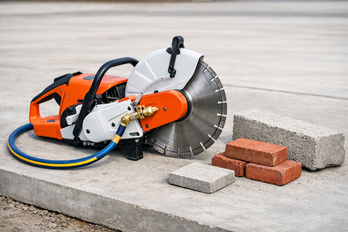Une scie à béton posée sur une dalle de chantier, avec un disque diamant visible, un système d’arrosage raccordé à un tuyau, et à côté un morceau de trottoir en béton et quelques briques montrant les matériaux qu’elle peut couper.