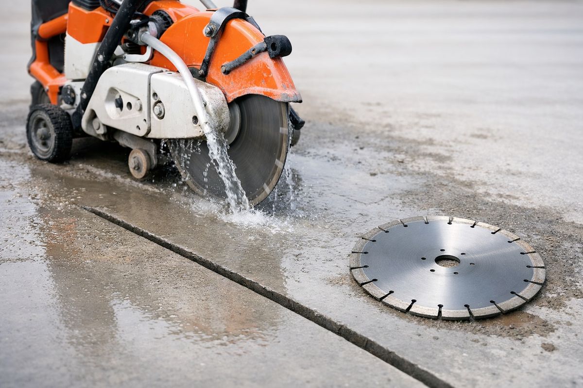 Une scie à béton en train de couper une dalle avec un jet d’eau au niveau du disque pour limiter la poussière, avec au sol une coupe nette dans le béton, des traces de boue légère, et à proximité un disque diamant de rechange posé près de la machine.