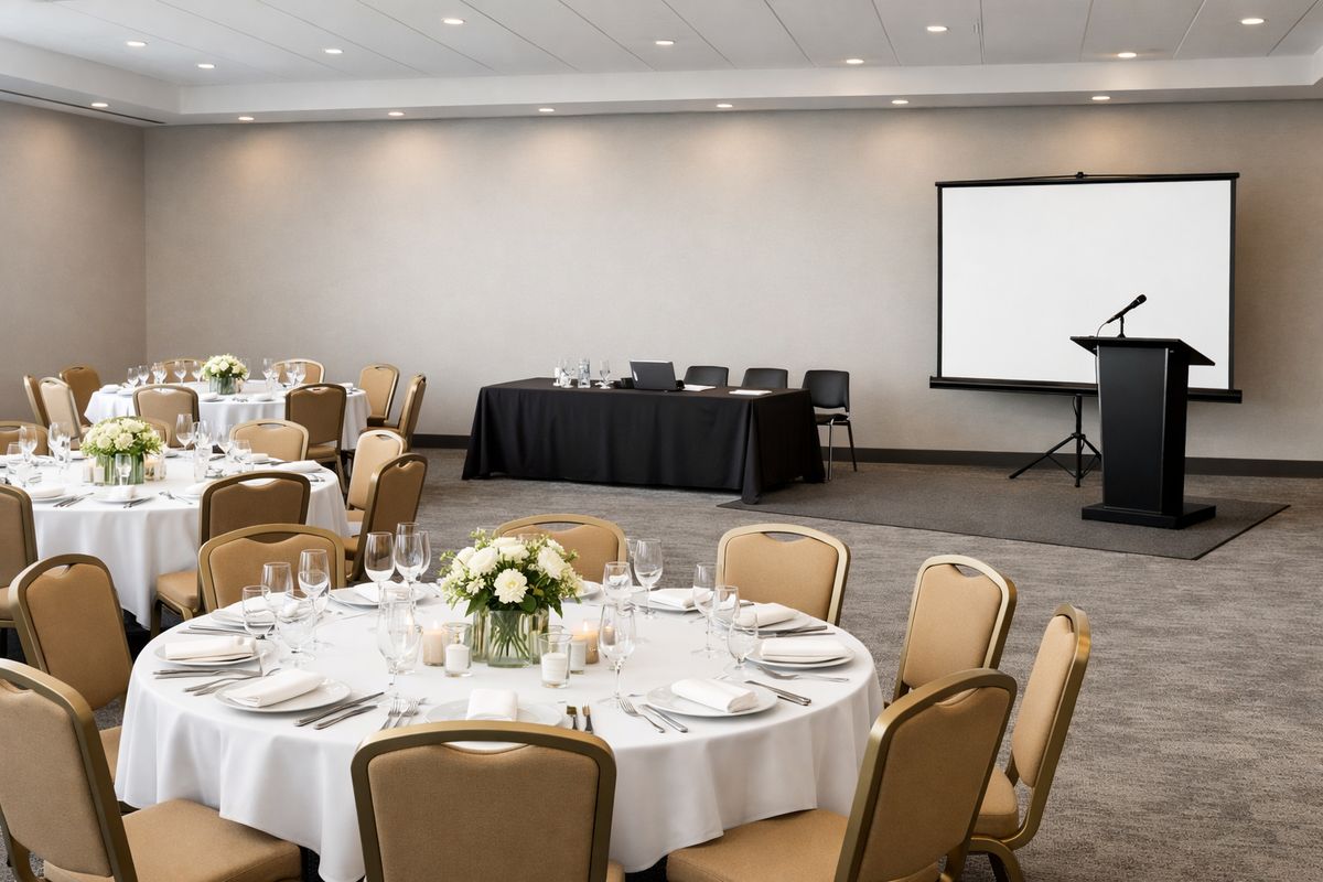 Une salle de réception préparée pour un événement avec plusieurs tables rondes dressées pour un repas, des chaises de banquet alignées autour, et à côté une zone plus fonctionnelle avec une table rectangulaire, quelques chaises simples et un espace dégagé pour un kiosque ou une réunion corporative.