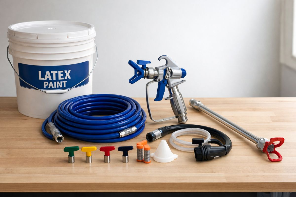 A paint sprayer rental kit laid out on a workbench with an airless spray gun, coiled high-pressure hose, interchangeable spray tips, paint filters, a suction tube, and an extension wand beside a bucket of latex paint.