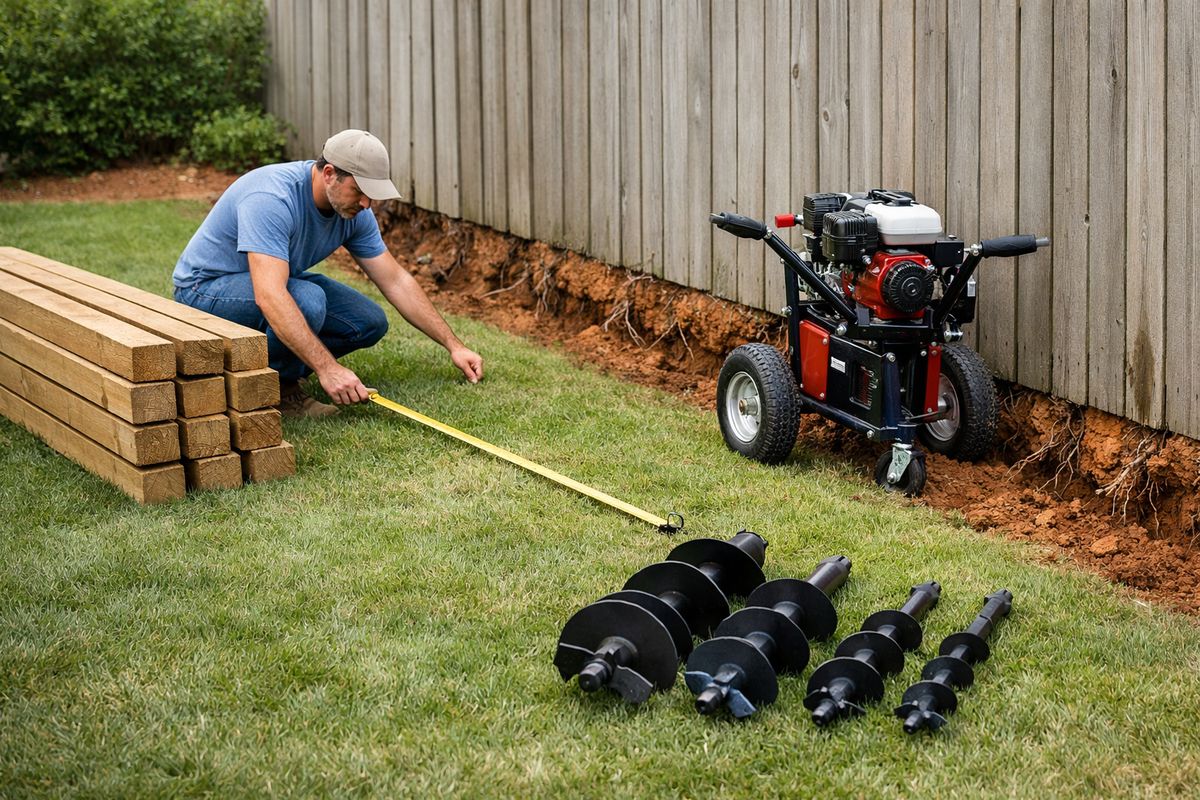 A homeowner measuring a yard beside a stack of fence posts, with a powered auger rental machine parked nearby, several auger bits laid on the grass, and clay soil with exposed roots visible along the fence line