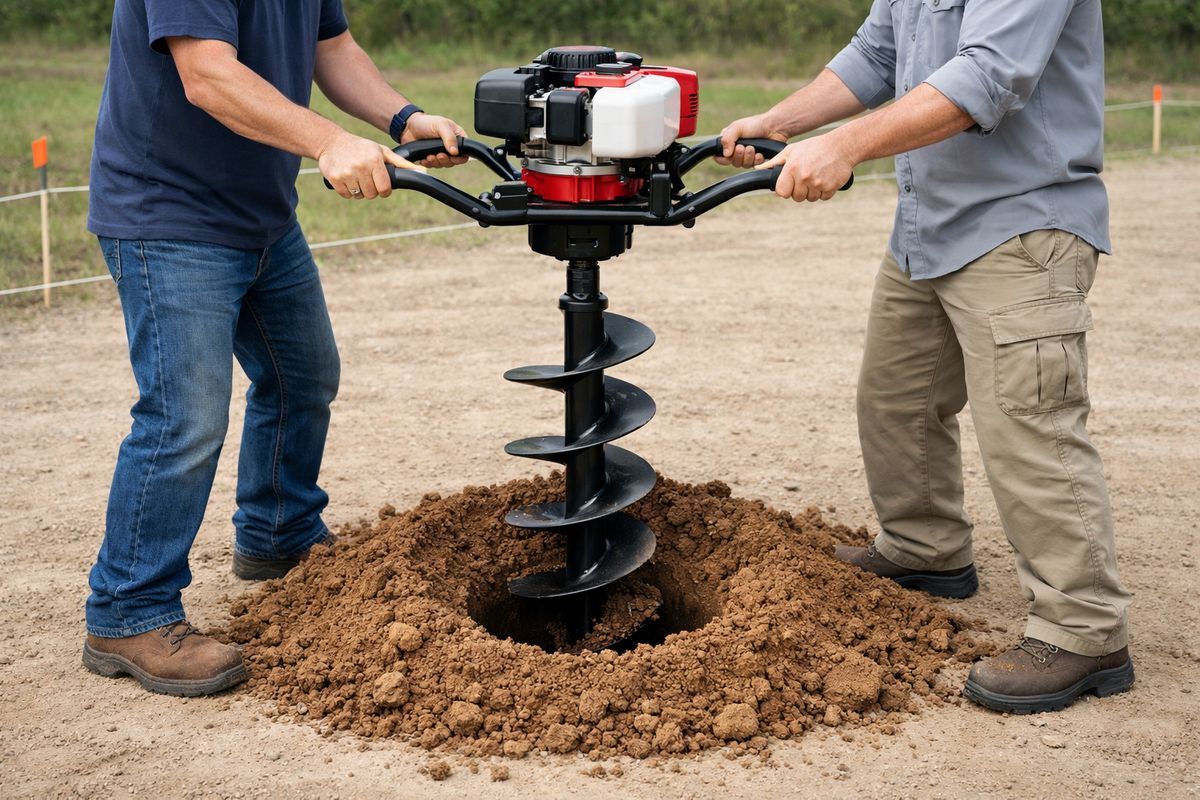 Two people operating a two-man post hole digger in packed dirt, each gripping the handles on opposite sides while the auger drills a clean hole, with loose soil piled around the opening and a fence line marked out nearby