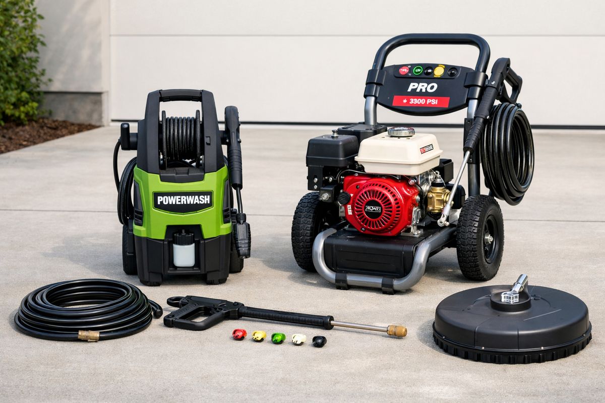 A compact electric pressure washer and a larger gas pressure washer parked side by side on a driveway, with a coiled hose, spray wand, and several nozzle tips laid out nearby, plus a separate surface-cleaner attachment resting on the ground