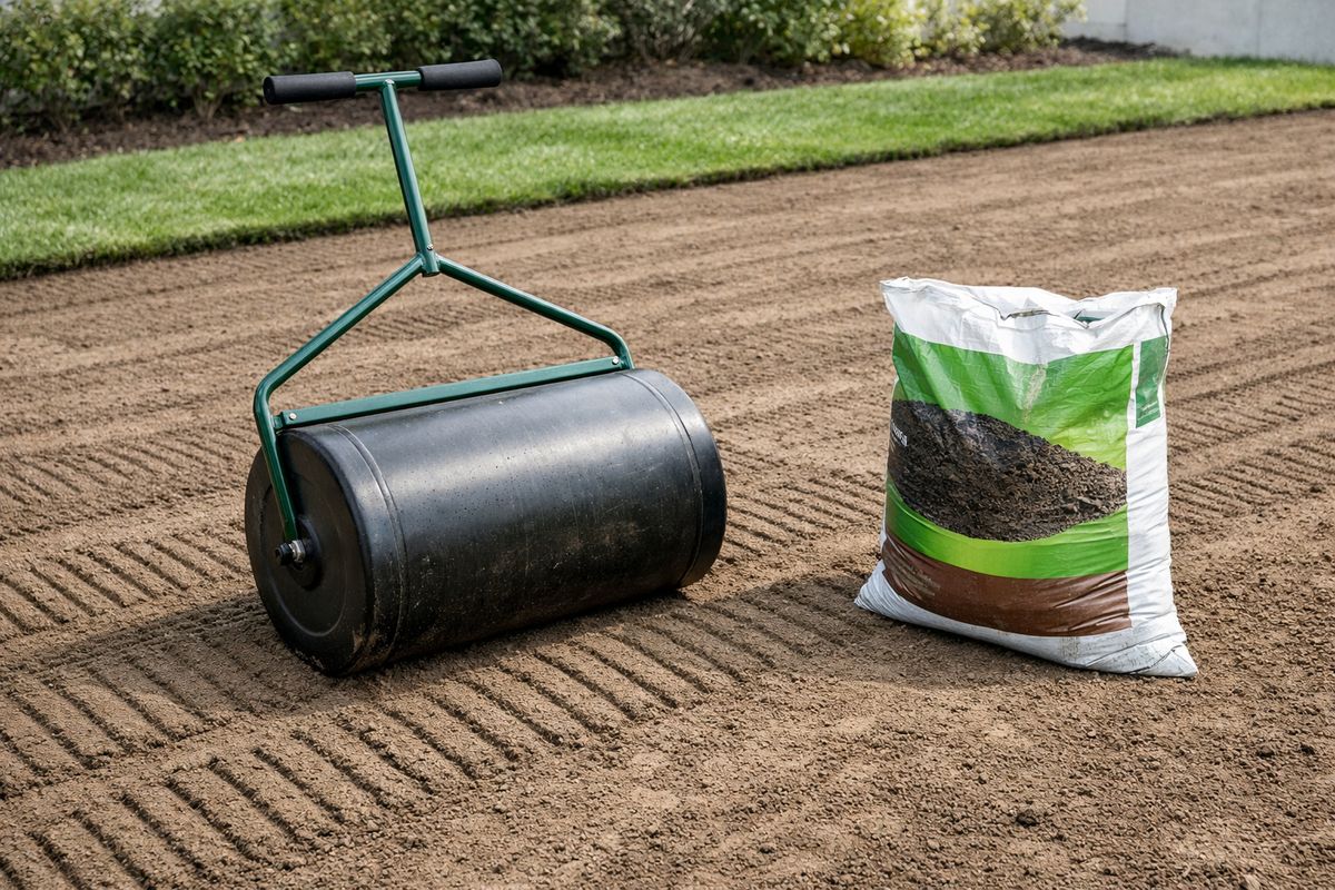 Un rouleau à gazon rempli d’eau posé sur une pelouse fraîchement nivelée, avec des traces de passage régulières sur le sol et un sac de terreau ou de compost à proximité, montrant une étape de finition avant la pose de tourbe.