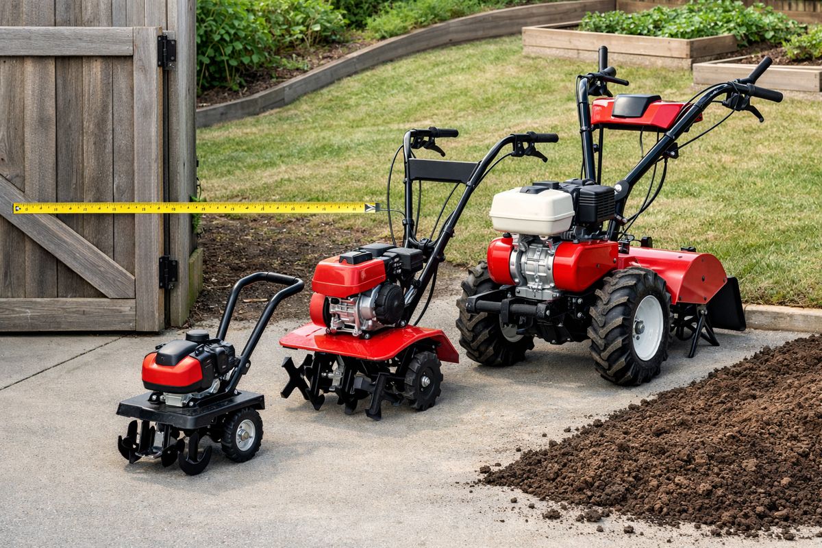 A row of three garden tillers parked on a driveway beside a backyard gate: a small compact cultivator in front, a mid-sized front-tine tiller in the middle, and a larger rear-tine tiller at the back. The scene includes a tape measure stretched across the narrow gate opening, a patch of loose soil, and a small sloped yard area with garden beds nearby.