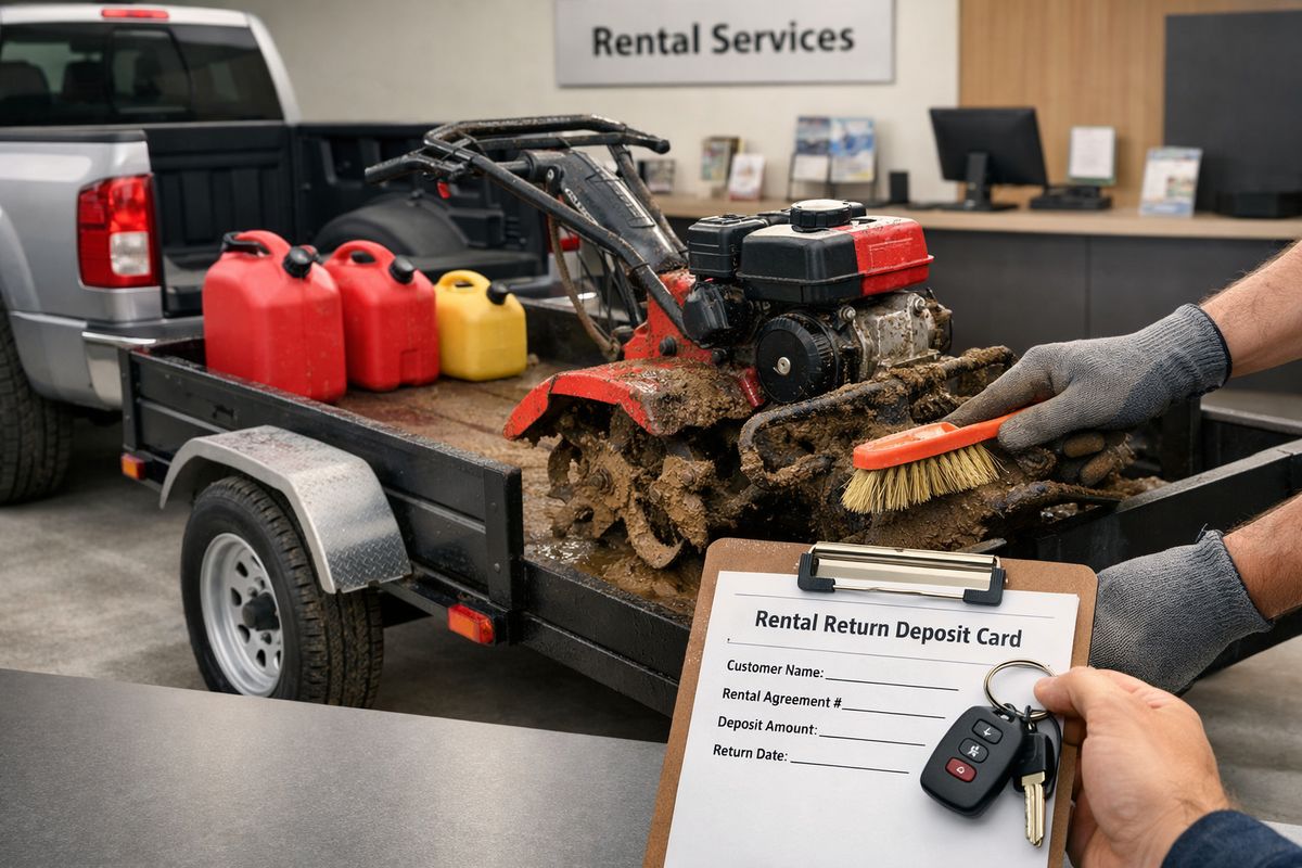 A rental counter area with a tiller loaded on a small trailer beside a pickup truck, with fuel canisters, a muddy tiller frame being brushed clean, and a clipboard with a deposit card held next to a set of car keys. The scene suggests pickup and return prep, transport planning, and cleaning before returning the machine.