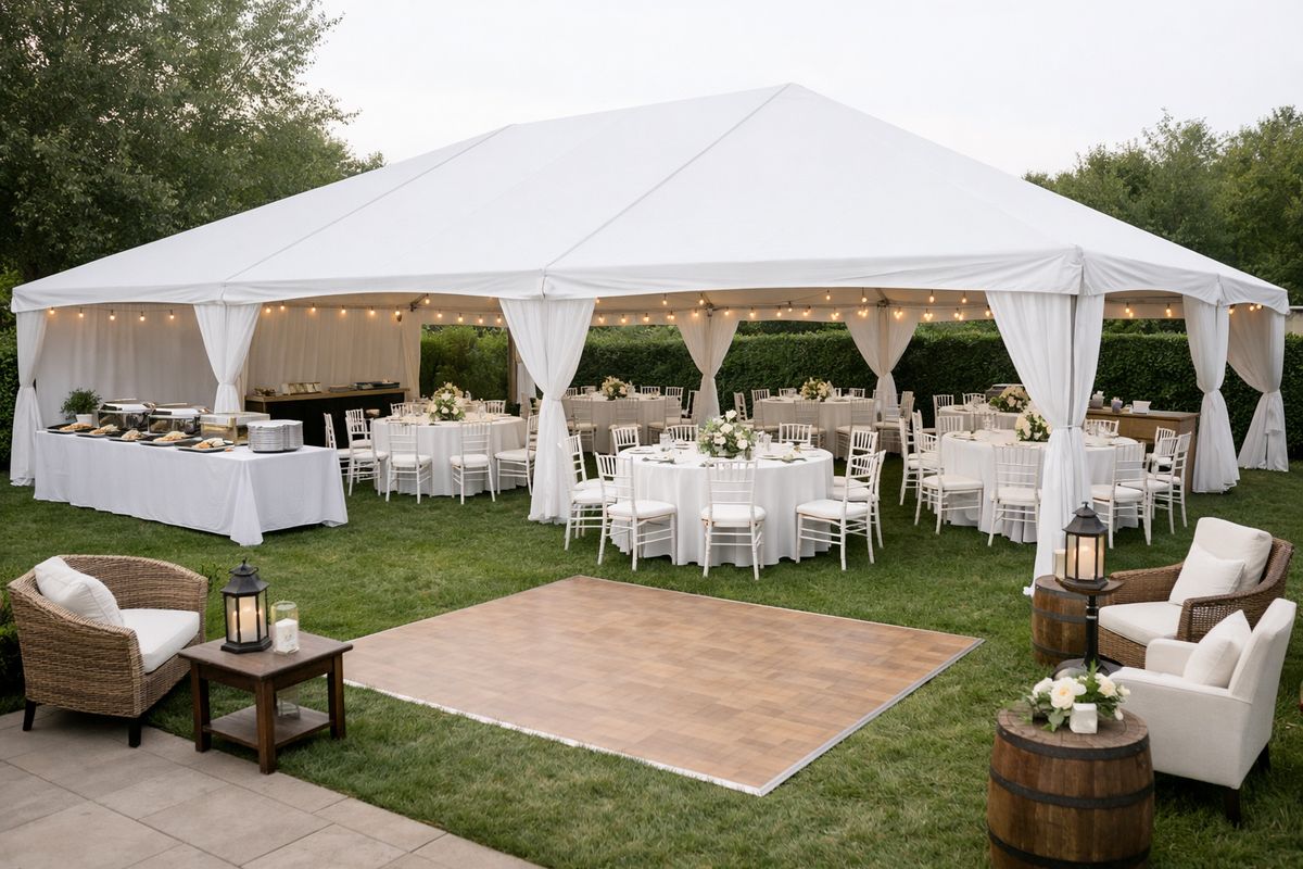 A backyard wedding setup with a rectangular white tent, round guest tables, a narrow buffet line near one side, a small dance floor, and a few extra chairs and decor pieces placed around the edges to show how quickly space fills up