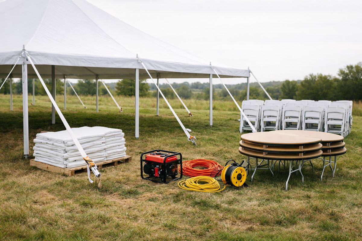 A wedding tent being installed on uneven grass with stakes and tension lines, sidewall panels stacked nearby, a generator and extension cords set out for lighting and sound, and folding tables and chairs waiting to be moved inside